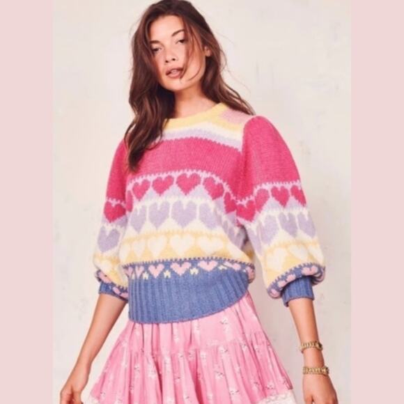 LoveShackFancy Shirelle Puff-Sleeve Heart Sweater Wool Alpaca Pink Icing Medium - Picture 1 of 15